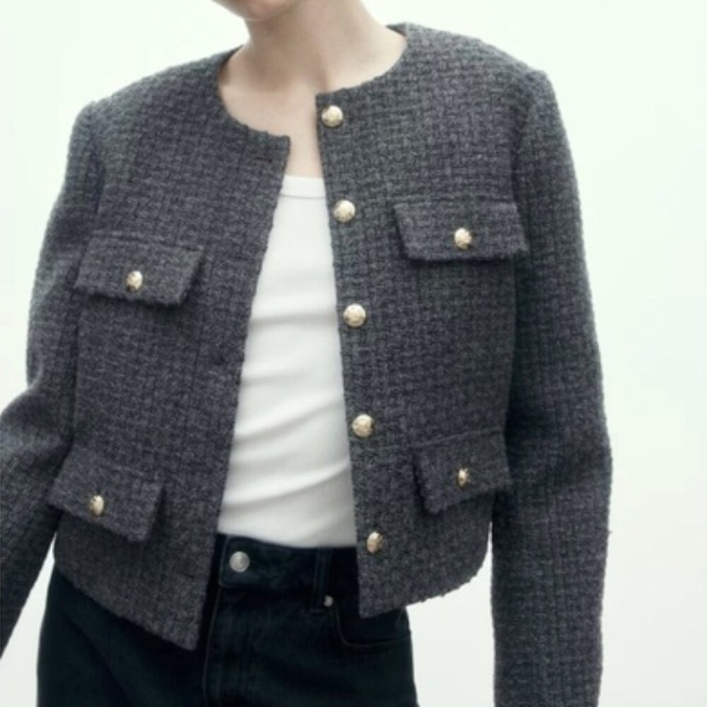 H&M Gray Tweed Blazer with Gold Accents